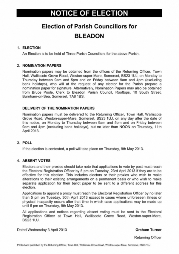 Notice of Election for Bleadon Parish Councillors