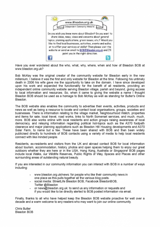 BOB article submitted to Parish News September 2016