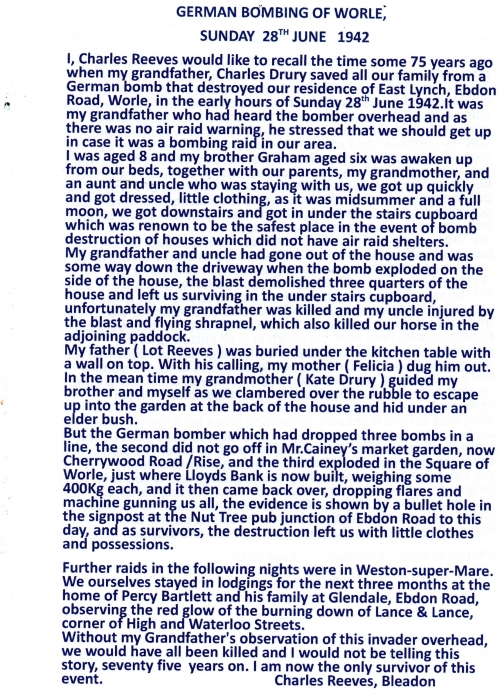 Charles reeves memories of WW2 bombing at Worle 28 June 1942