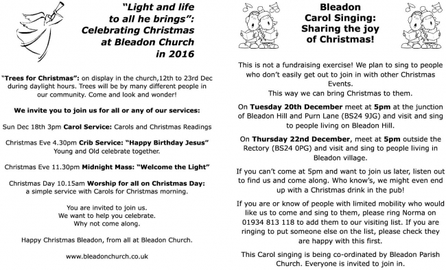 Bleadon Church Services Xmas 2016