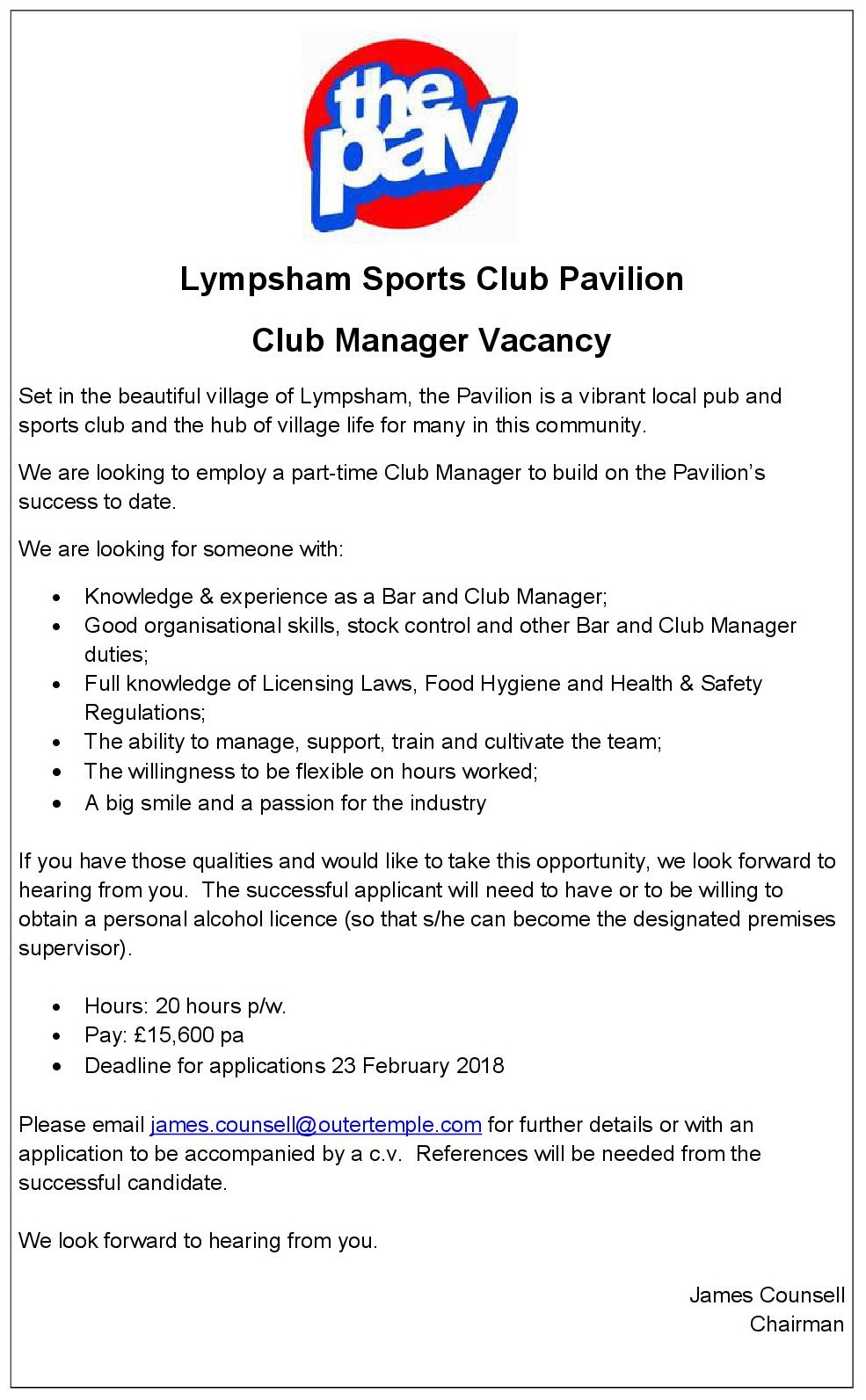 Lympsham Sport Club Pavilion - Club Manager Vacancy