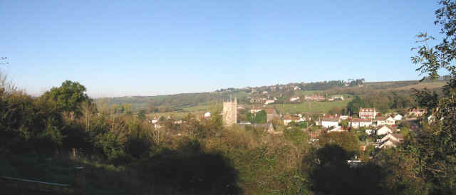 View to Bleadon Hill of Bleadon Village & Church from South Hill stile